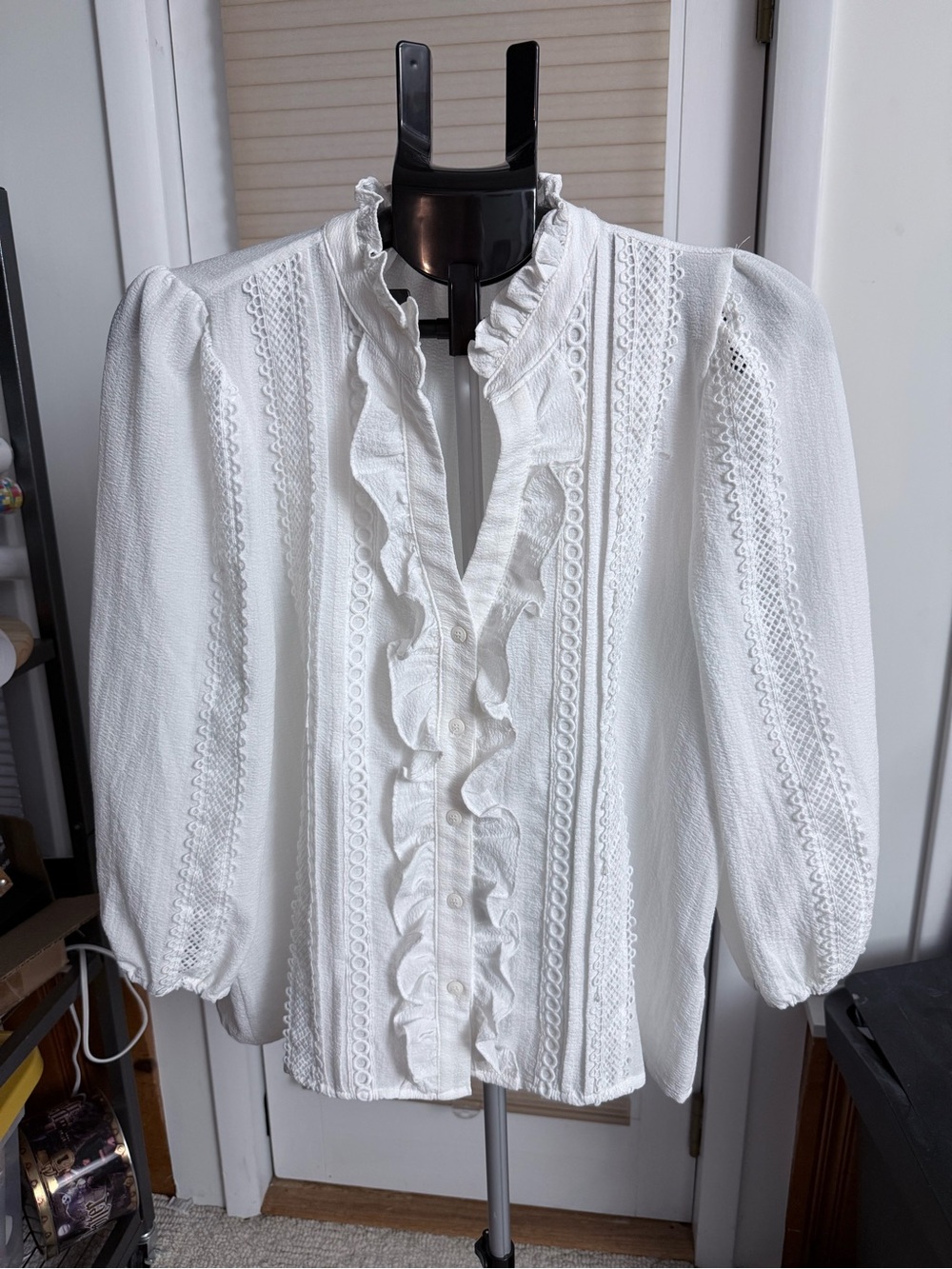 Alice Blue White Ruffled Lace-Trim Blouse puff sleeves semi sheer button down XL